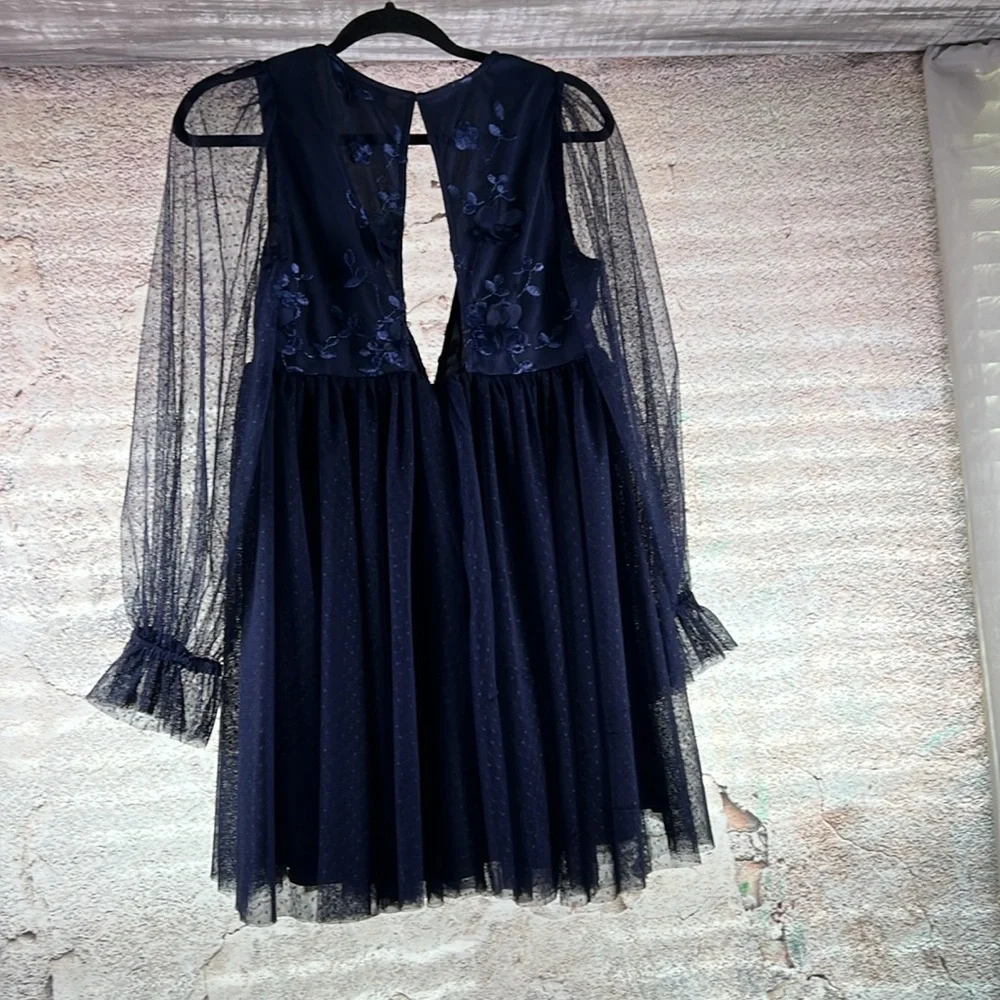 Elegant Navy Blue Dress Instinctively Adorable Navy Mesh SwissDot Babydoll MN127 - Picture 7 of 7
